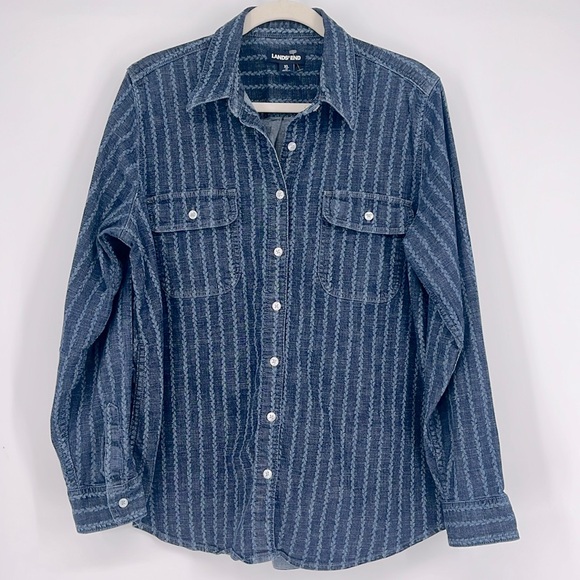 Land's End Long Sleeve Button Down Shirt Top Denim Chambray Printed Western XL - Picture 1 of 8